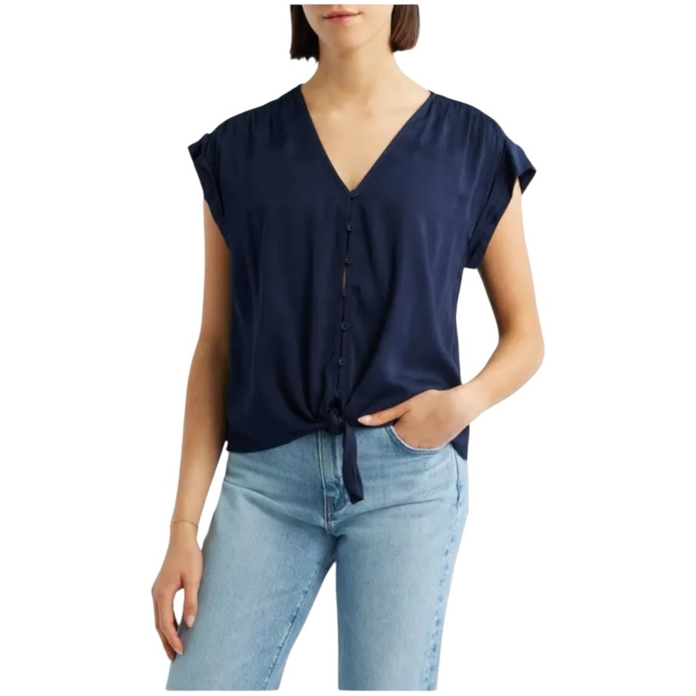 Cloth & Stone Button Down Tie Waist Boxy Lightweight Navy Blue Short Sleeve Top